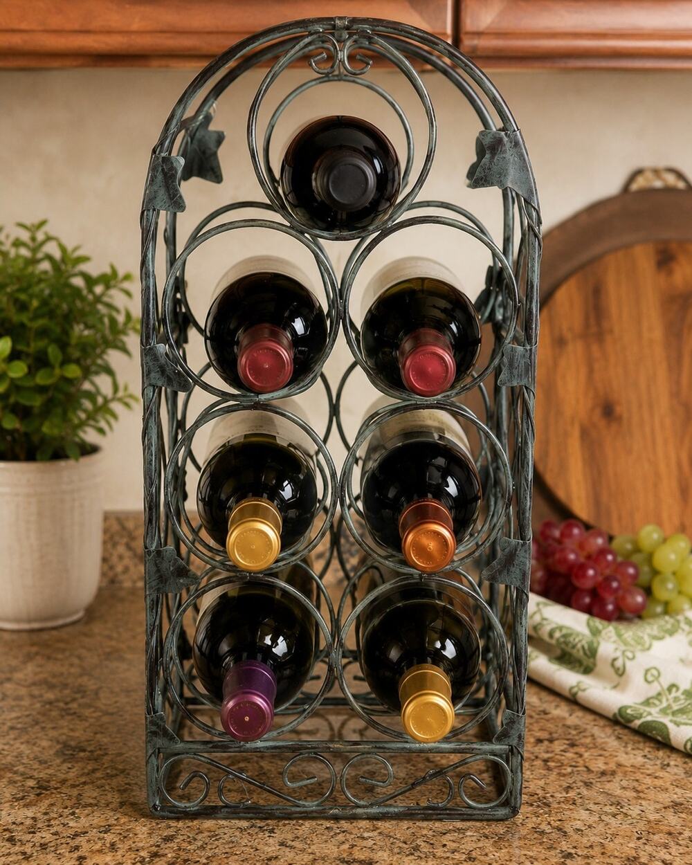 Wrought Iron Wine Rack 7 Bottle Scroll Leaf Countertop Holder Tuscan Decor